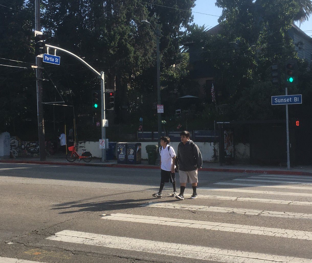 New Echo Park stop light at sunset and portia